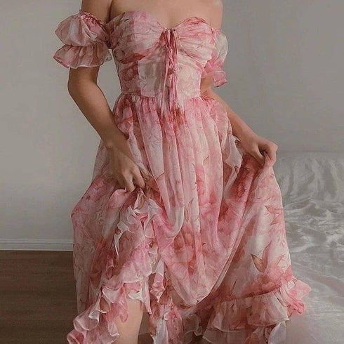 Floral Print Deep Square Neckline Sleeveless Lace Tie Up Dresses